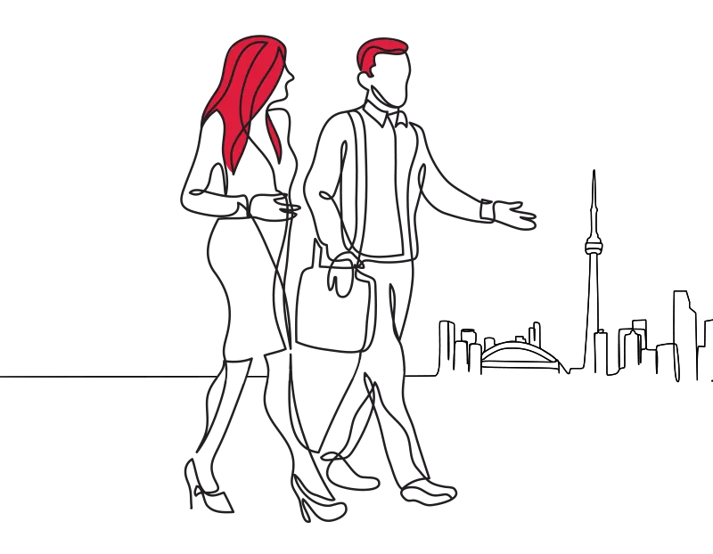 An illustration of a man and woman walking in front of a cityscape, the man has a satchel over his shoulder