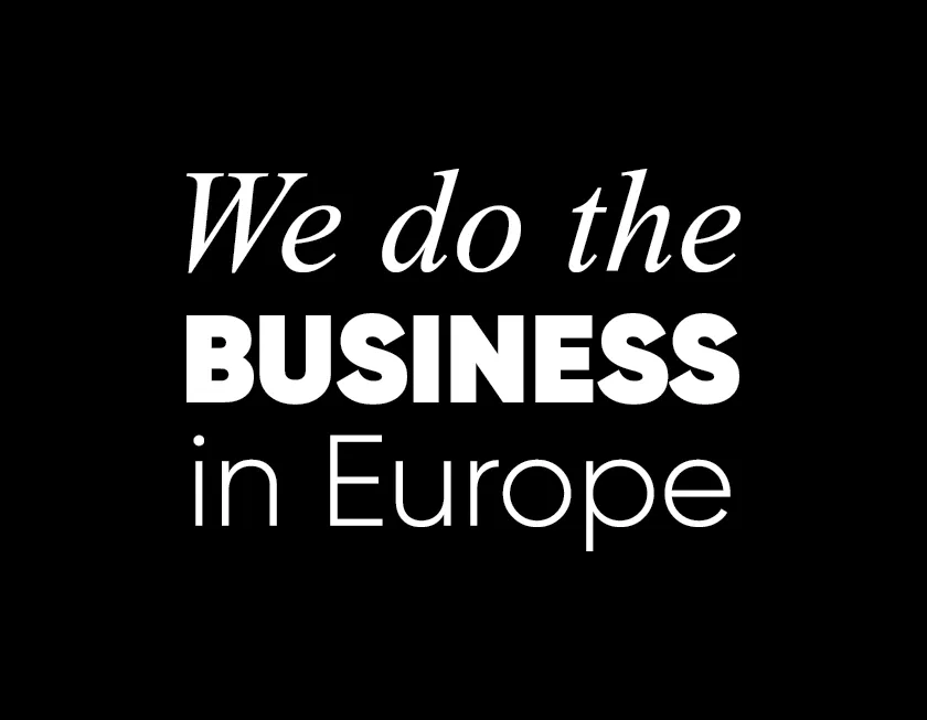 White text reading 'We do the business in Europe' on a black background