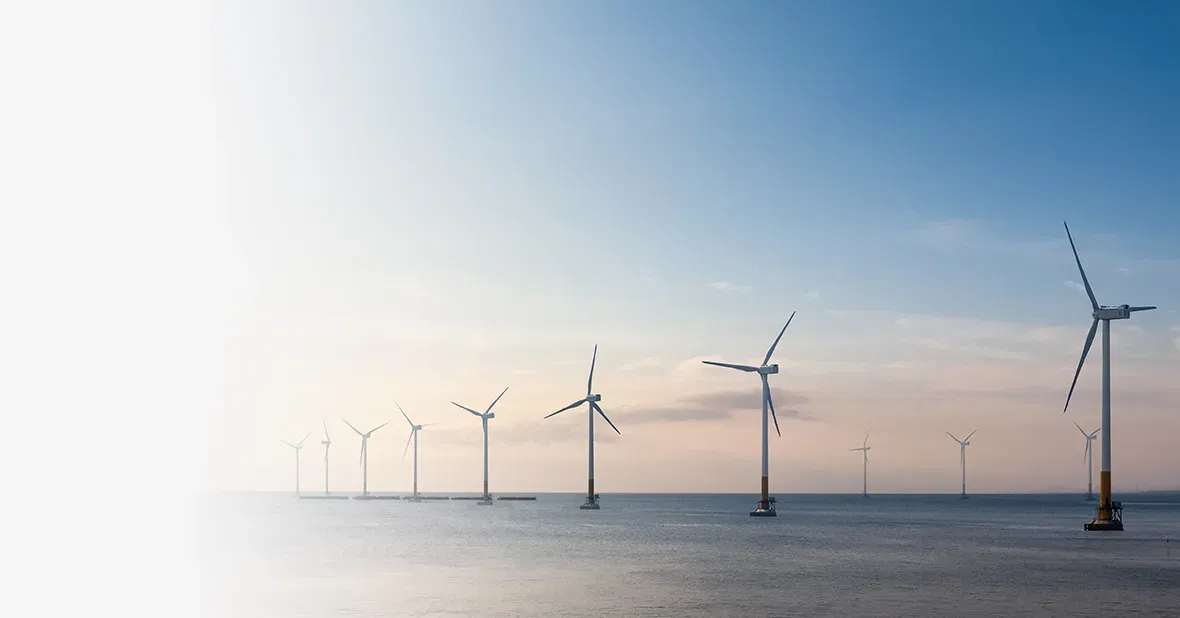 Numerous wind turbines out at sea