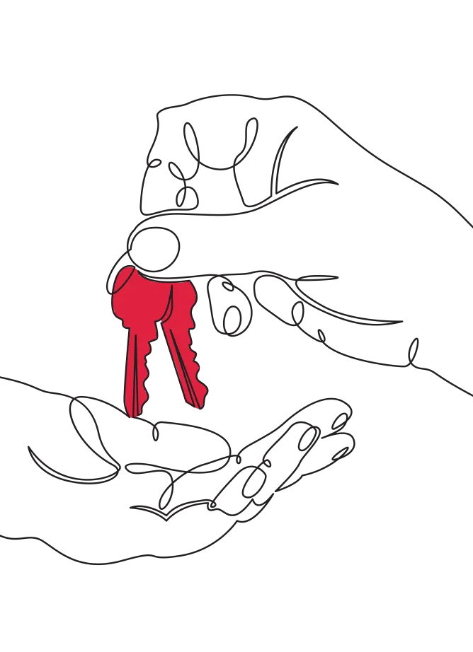 Illustration of a hand dropping a pair of red keys into another hand
