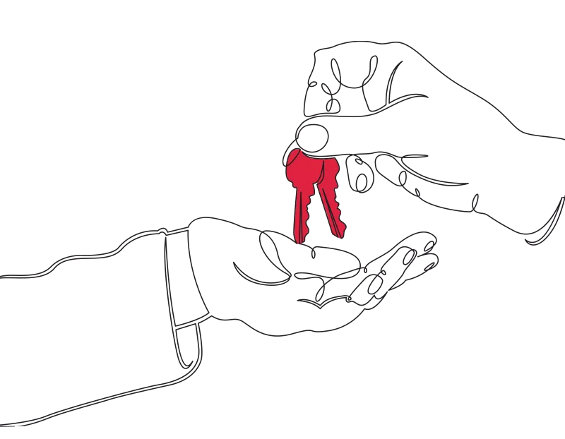 Illustration of a hand dropping a pair of red keys into another hand