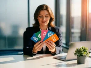 Professionele recruiter rangschikt kleurrijke kanaalkaarten voor verschillende wervingsplatforms op modern bureau