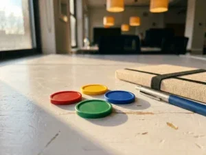 Vier gekleurde tokens in rood, geel, groen en blauw op een wit bureau, met notitieboek en pen in warm kantoorlicht.