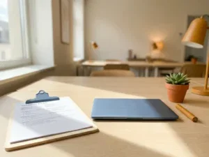 Klembord met kandidaatprofiel naast laptop op HR-bureau, versierd met succulent en pen in warm natuurlijk licht.