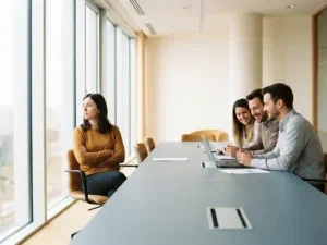 Nieuwe medewerker zit met gekruiste armen apart van betrokken collega's aan een moderne vergadertafel in een licht kantoor.