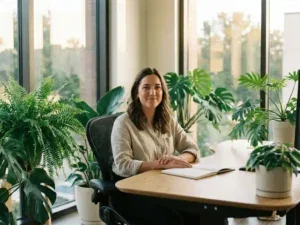 Professional aan modern bureau met open notitieboek, omringd door kamerplanten en warm natuurlijk licht door grote raampartijen.