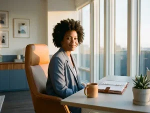 Professional in op maat gemaakt kantoor met planner, koffie en natuurlijk gouduur licht bij een modern bureau.