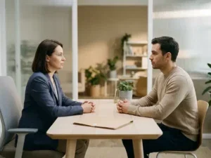Sollicitant en HR-professional aan modern bureau met gesloten beoordelingsmap, kantooromgeving met zacht gefilterd licht.