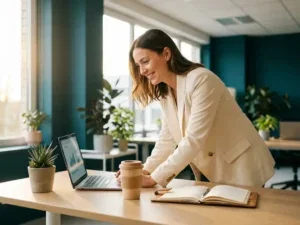 Professional aan opgeruimd bureau met laptop, notitieboek, succulent en herbruikbare koffiebeker in modern licht kantoor.