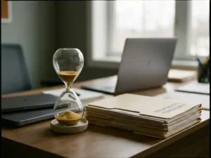 Zandloper bijna leeg op bureau van HR-recruiter, met stapel onbeoordeelde kandidatenmappen en open laptop op de achtergrond.