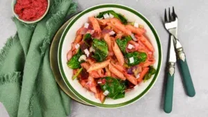 Pasta met roze bietenhummus