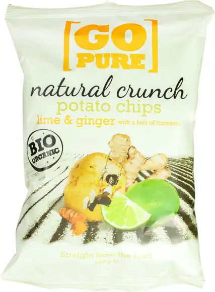 zo ziet de verpakking bio chips Lemon & Ginger van GoPure er uit.