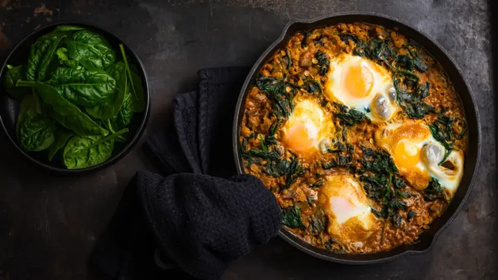 Linzencurry met spinazie en ei