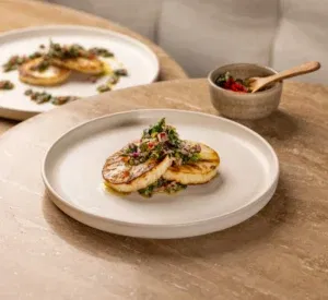 Knolselderijsteak met chimichurri geserveerd op een wit bord uit Portugal