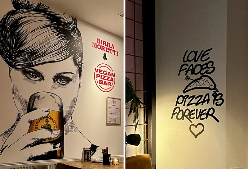  vegan pizza is forever is te lezen in het interieur van Vegan Pizza Bar Den Haag